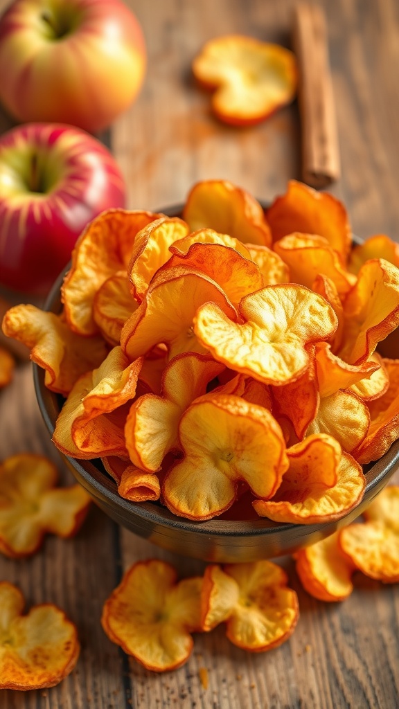 A bowl of golden, crispy apple chips with whole apples and cinnamon in the background.